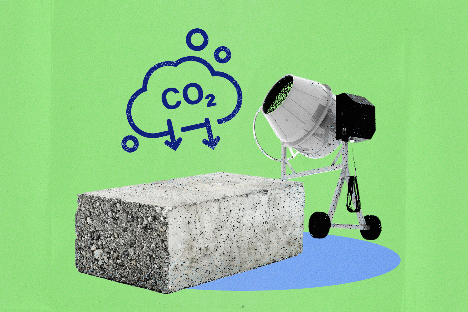 A drawing of a CO2 cloud and an arrow pointing to a block of concrete.